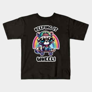 Keeping It Wheel! - Cute Skateboarding Raccoon With A Rainbow Kids T-Shirt